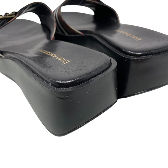 Y2K 90s Enzo Angiolini LIO Slide Wedge Sandals Womens 7 Open Toe Striped Black - Picture 8 of 11